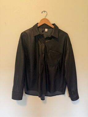 Divided Black Button-Down Faux Leather Shirt
